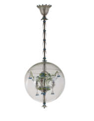 Colourless glass chandelier, with green and blue glass paste applications, decorated with flowers and leaves included in crystal glass globe