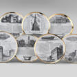 Seven plates of the series "Specialità torinesi". Milan, 1960s. Porcelain, black and gold lithographic print. Marked on verso. (d 24 cm.) (slight defects) - Maintenant aux enchères