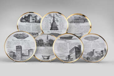 Seven plates of the series "Specialità torinesi". Milan, 1960s. Porcelain, black and gold lithographic print. Marked on verso. (d 24 cm.) (slight defects)