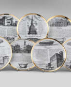 Product catalog. Seven plates of the series "Specialità torinesi". Milan, 1960s. Porcelain, black and gold lithographic print. Marked on verso. (d 24 cm.) (slight defects)
