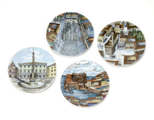 Lot of four plates depicting the cities of Catania, Naples, Florence and Milan of the series "Città d'Italia". Germany, 1990s. Black and polychrome silk-screened porcelain. In original case. Marked on the back. (d 19 cm.)