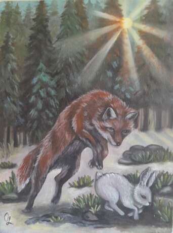 Red fox hunter. Canvas on the subframe Acrylic Impressionism animal figure Ukraine 2024 - photo 1