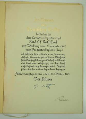 Patent zum Fregattenkapitän (Ing.) - Original Unterschrift Raeder. - Foto 1