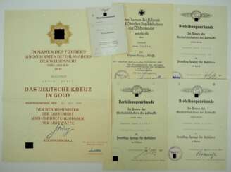 Urkundengruppe des Deutschen Kreuz in Gold Trägers Oberleutnant Anton Spitz der 1.(F)/ Aufklärungsgruppe 124.