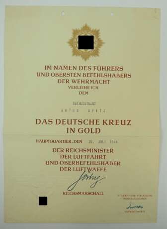 Urkundengruppe des Deutschen Kreuz in Gold Trägers Oberleutnant Anton Spitz der 1.(F)/ Aufklärungsgruppe 124. - photo 2