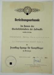 Frontflugspange, für Kampfflieger, in Bronze Urkunde für einen Unteroffizier der 3./ Kampfgeschwader General Wever 4.