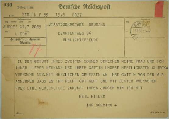 Telegramm von Goering an den Staatssekretär Neumann. - Foto 1