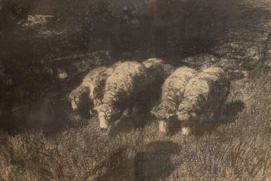 Zügel, Heinrich von (1850 Murrhardt-1941 München) "Schafe auf der Weide", Kohlezeichnung, sign. u.l., 25x37,5 cm, im Passepartout hinter Glas und Rahmen (Zügel war ein deutscher Maler. Bekannt sind seine zum Te… - фото 1