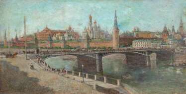 Russischer Maler 19. Jh. &quot;Kreml mit der großen Moskwa-Brücke um 1880&quot;, Öl/ Mp., undeutl. kyrillisch sign. u.r., 22x43 cm, Rahmen