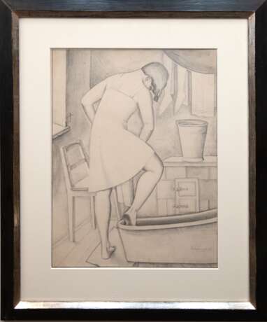 Schrimpf, Georg (1889 München-1938 Berlin) "Junge Frau im Bad", Bleistiftzeichnung, sign. u.r. und dat. ´35, 57x43 cm, im Passepartout hinter Glas und Rahmen, Beigabe: von Schrimpf gemaltes Kuvert mit Widmung &… - photo 2