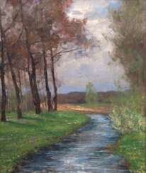 &quot;Frühling am Bach&quot;, Öl/ Lw., undeutl. sign. u.r., 42x37 cm, Rahmen