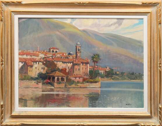 Italienischer Künstler 20. Jh. "Lago di Garda", Öl/ Lw., undeutl. sign. u.r., rückseitig betitelt, 50x70 cm, Rahmen - Foto 1