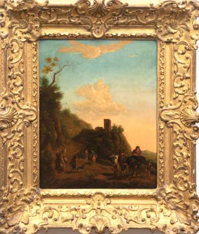 Umkreis von Jan Dircksz Both (1615/18-1652) "Südländische Landschaft mit Reisenden und Tieren", Öl/ Holz, wohl 18. Jh., rückseitig Aufkleber mit Angaben, 47x36,5 cm, Prunkrahmen - photo 1