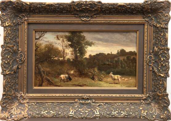 Maler 19. Jh. "Ziegen in Landschaft", Öl/ Papier/ Holz, kl. Luftblasen erkennbar, undeutl. sign., 21x35 cm, Prunkrahmen - фото 1
