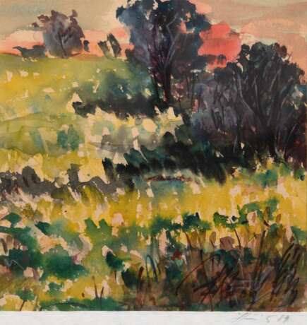 Hinrichs, Carl (1903 Nürnberg-1990 Schwerin) "Untergehende Sonne", Aquarell, sign. u.r. und dat. ´89, 22,5x21 cm, im Passepartout hinter Glas und Rahmen (Landschafts- und Stillebenmaler, Ehrenbürger der… - фото 1