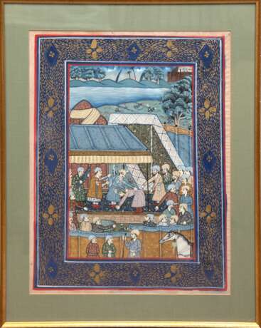 "Vielfigürliche, orientalische Palastszene", Seidenmalerei, 49x34,5 cm, im Passepartout hinter Glas und Rahmen - фото 1