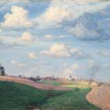 "Sommerliche Landschaft mit Windmühlen", Öl/ Platte, unsign., 34,5x44,5 cm, ungerahmt - Foto 1