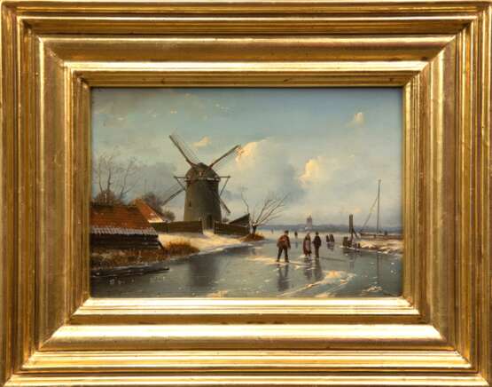 Spohler, Jacob Jan Coenraad (1837 Amsterdam-1894 ebenda) "Winterliche Kanallandschaft mit Windmühle", Öl/ Holz, sign. u.l., 15x22 cm, Rahmen (Holländischer Landschaftsmaler, Schüler seines Vaters Jan Jacob Spoh… - Foto 1