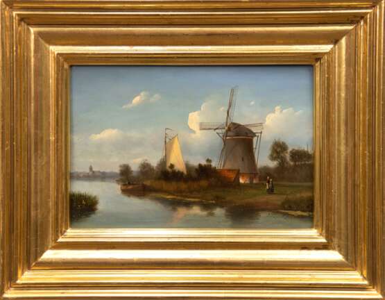 Spohler, Jacob Jan Coenraad (1837 Amsterdam-1894 ebenda) "Sommerliche Kanallandschaft mit Windmühle", Öl/ Holz, sign. u.r., 15x22 cm, Rahmen (Holländischer Landschaftsmaler, Schüler seines Vaters Jan Jacob Spoh… - Foto 1