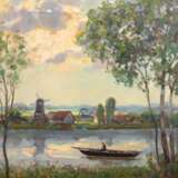 Maler Anfang 20. Jh. "Seenlandschaft mit Angler", Öl/ Lw., undeutl. sign. u.r., 60,5x50 cm, Rahmen - photo 1