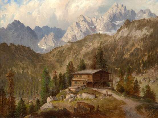 Maler (Österreichische Schule) "Alpenlandschaft mit Berghütte", Öl/ Karton, undeutl. sign. u.l., 28x34,5 cm, Rahmen - фото 1