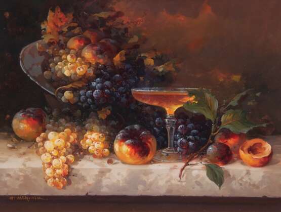 Maler 20. Jh. "Stilleben mit Früchten", Öl/ Lw., undeutl. sign. u.l., 39x50 cm, Rahmen - фото 1