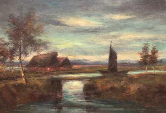 Varlemann, Paul (1916-?, Worpsweder Maler) "Abend über dem Moor", Öl/ Lw.,/ Platte, sign. u.r., 45x67 cm, Rahmen - фото 1