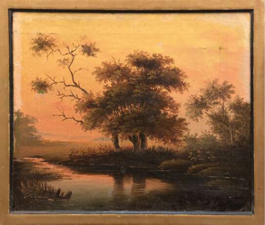Romantiker um 1900 "Baumbestande Seenlandschaft im Morgenrot", Öl/ Lw., Lw. besch. im oberen Bereich, 35x41,5 cm, Rahmen - photo 1