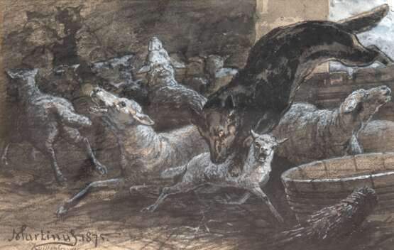 Holländischer Maler 19. Jh. "Wolf im Schafstall", Kohlezeichnung, weiß gehöht, sign. u.l. "Hartinus" und dat. 1875, 23x32 cm, im Passepartout (stockfleckig und am rechten Rand besch,) hinter Glas und … - photo 1