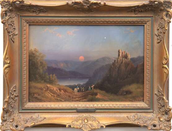 Müller, Theodor (1821-1888) "Blick über romantische Landschaft mit Bergsee in der Abendsonne und Personenstaffage", Öl/ Holz, sign. und dat. 1853 u.l., 23,5x34,5 cm, Rahmen - Foto 1