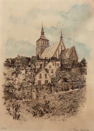 Eulert, Albert (1890 Rostock-1946 Wismar) "Rostock Ansicht mit Nikolaikirche", kolorierte Radierung, sign. u.r. und dat. "Rostock 1912", lfd. Nr. 21, 34x23,5 cm, im Passepartout hinter Glas und Rahmen… - photo 1