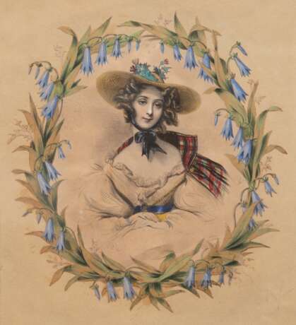 "Junge Frau mit Blütenkranz", Farblitho., unsign.,22x19 cm, im Passepartout hinter Glas und Rahmen - фото 1