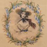 "Junge Frau mit Blütenkranz", Farblitho., unsign.,22x19 cm, im Passepartout hinter Glas und Rahmen - photo 1