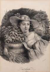 &quot;Junge Frau mit Blumenkorb- La Terre de Fleurs&quot;, Litho., 35x23,5 cm, im Passepartout hinter Glas und Rahmen