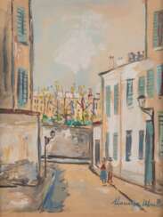 Utrillo, Maurice (1883-1955 Paris) &quot;Rue Cortot á Montmartre,1950&quot;, Grafik, in der Platte sign., an den Rändern beschnitten, 32x24 cm, hinter Glas und Rahmen