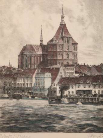 Bunck, A.? "Ansicht von Rostock mit Marienkirche", kolorierter Stich, sign. u.r. und dat. ´92, 24x18 cm, hinter Glas und Rahmen - Foto 1