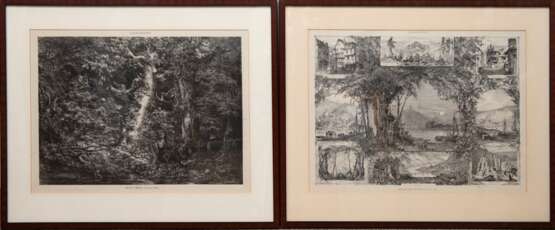 2 Lithographien "Moselansicht" und "Waldlandschaft", aus dem Album Artistico, betitelt mittig unten, je 38x52,5 cm, im Passepartout hinter Glas und Rahmen - фото 1