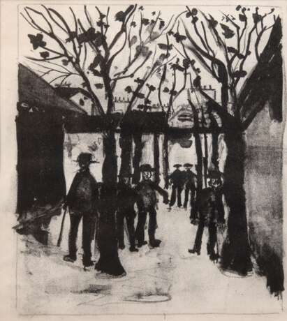 Utrillo, Maurice (1883 Montmartre, Paris, -1955 Dax, Frankreich) "Auf dem Markt", Litho., unsign., rückseitig auf altem Klebezettel bez., 21,5x18,5 cm, im Passepartout hinter Glas und Rahmen - Foto 1
