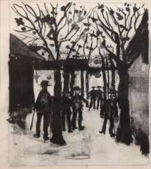 Utrillo, Maurice (1883 Montmartre, Paris, -1955 Dax, Frankreich) &quot;Auf dem Markt&quot;, Litho., unsign., rückseitig auf altem Klebezettel bez., 21,5x18,5 cm, im Passepartout hinter Glas und Rahmen