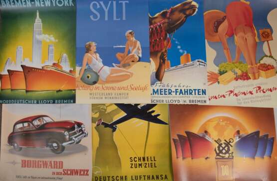 11 Plakate, dabei 6 Plakate "Norddeutscher Lloyd Bremen", 2 Plakate "Samen Phönix Bremen", "Borgward in der Schweiz", "Deutsche Lufthansa", "Sylt", Gebrauchspuren, versc… - Foto 1