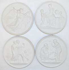 4 Medaillons, Bing &amp; Gröndahl, Biskuit-Porzellan, weiß, mit reliefierten mythologischen Darstellungen, Dm. je 14,5 cm