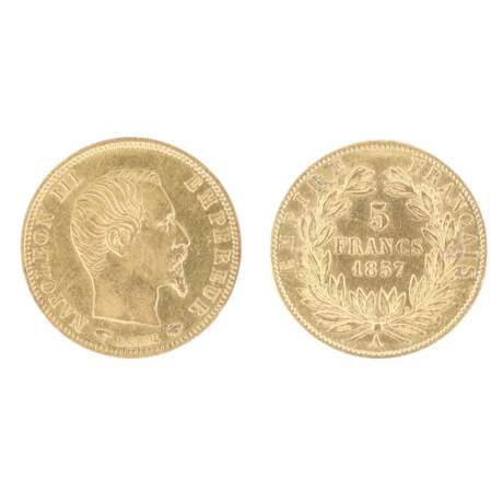 Золотая монета 5 франков. Франция. 1857 год. Золото Mid-19th century г. - фото 1