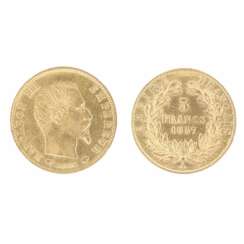 Золотая монета 5 франков. Франция. 1857 год.