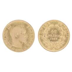 Золотая монета 10 франков. Франция, 1856 год.