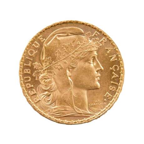Французская золотая монета 20 франков 1909 г. Золото Early 20th century г. - фото 1