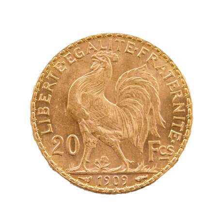 Французская золотая монета 20 франков 1909 г. Золото Early 20th century г. - фото 2