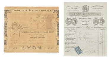 A GROUP OF TWO: A SILVER MEDAL DIPLOMA AMENDED TO MR. JULES GATINE OF MAISON VUITTON AT THE LYON INTERNATIONAL EXHIBITION & A LOUIS VUITTON LETTERHEAD INVOICE FOR TRUNK ELEMENTS SIGNED BY LOUIS VUITTON