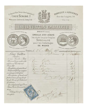 A GROUP OF TWO: A SILVER MEDAL DIPLOMA AMENDED TO MR. JULES GATINE OF MAISON VUITTON AT THE LYON INTERNATIONAL EXHIBITION & A LOUIS VUITTON LETTERHEAD INVOICE FOR TRUNK ELEMENTS SIGNED BY LOUIS VUITTON - Foto 4