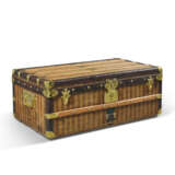 A BEIGE & BROWN STRIPED CANVAS CABIN 90 TRUNK WITH BRASS HARDWARE - фото 1