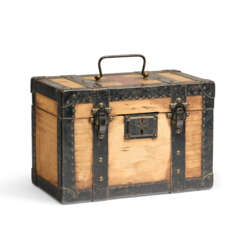 A NATURAL WOODEN FIRST AID KIT TRUNK WITH BLACK LACQUERED IRON HARDWARE